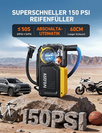 AstroAI Пусковий пристрій для авто з компресором 150PSI, 8000A, для бензину/12L дизеля. Powerbank з входами/виходами, повний комплект (Жовтий)