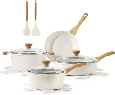 Набір посуду SENSARTE з антипригарним покриттям Ceramic, 13 предметів: каструлі та сковороди. Безпечний набір посуду з нержавіючої сталі з Cool-Touch ручками, силіконовими інструментами та захистом для дна. Без PFOA/PTFE/PFAS. Білий.