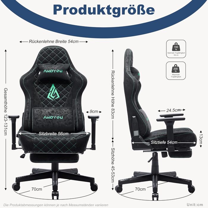 Ігрове крісло Andyou Racing, ергономічне, з регульованою поперековою подушкою, підставкою для ніг, підголівником і 2D підлокітниками, вінтажна екошкіра, синє, нахил 90-150°