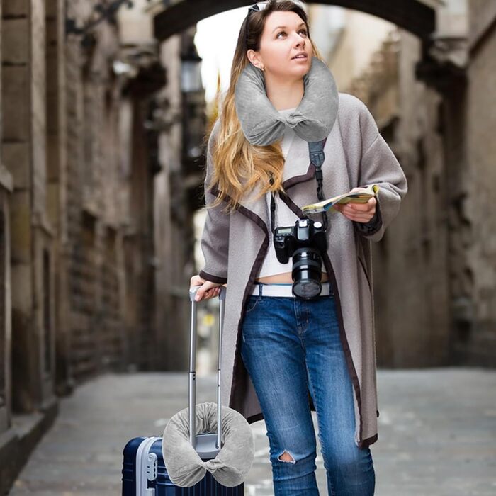 Подушка для шиї у вигляді U, Memory Foam, з чохлом, навушниками, маскою для сну, сіра. Для подорожей, авто, офісу