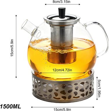 Скляний чайник для заварювання чаю з підставкою-підігрівачем та ситечком, 1500 мл, для листового та фруктового чаю