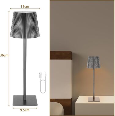 LED настільна лампа на акумуляторі, бездротова, диммування, сенсорне керування, 3 режими світла, перезаряджається через USB, вологостійка IP54, для спальні, бару, ресторану (сіра)