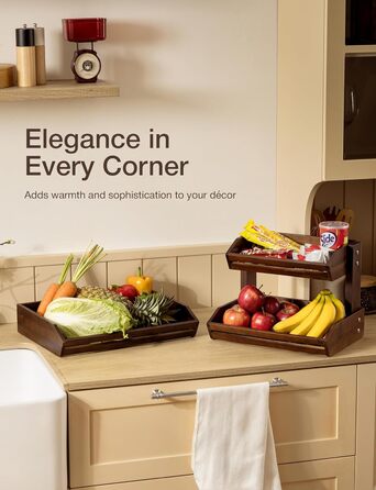 Двоярусна фруктова корзина HOLANA з дерева для стільниці – органайзер для фруктів, овочів та закусок (горіх)