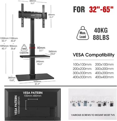 Підставка для телевізора Boden для 32-65 дюймів, поворотна (60°), регульована по висоті (8 ступенів), чорна, до 40 кг, VESA 400x400