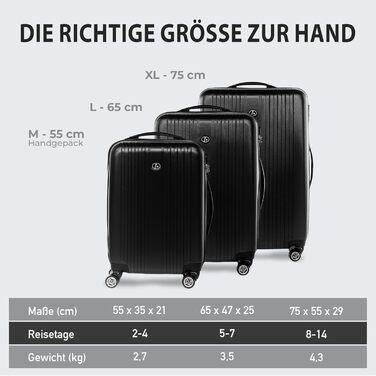 Набір валіз FERGÉ Toulouse 3 шт. з жорстким корпусом - ручна поклажа 55 см, L, XL. Чорний колір, 100% ABS.