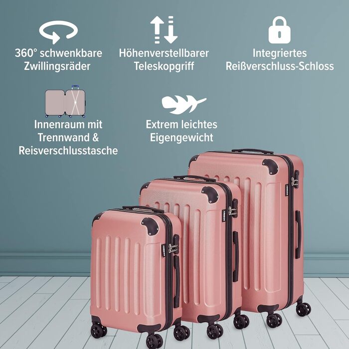 Набір валіз Arebos 3шт. з ABS-пластику | Валіза-тележка | Рожеве золото | З замком та 360° колесами | M-L-XL