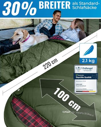 Сплячий мішок KingCamp XXL з бавовни фланель для дорослих, великий розмір, теплий, зимовий, для кемпінгу, подорожей та активностей на природі, 4-сезонний, 220x100 см, класичний оливковий колір