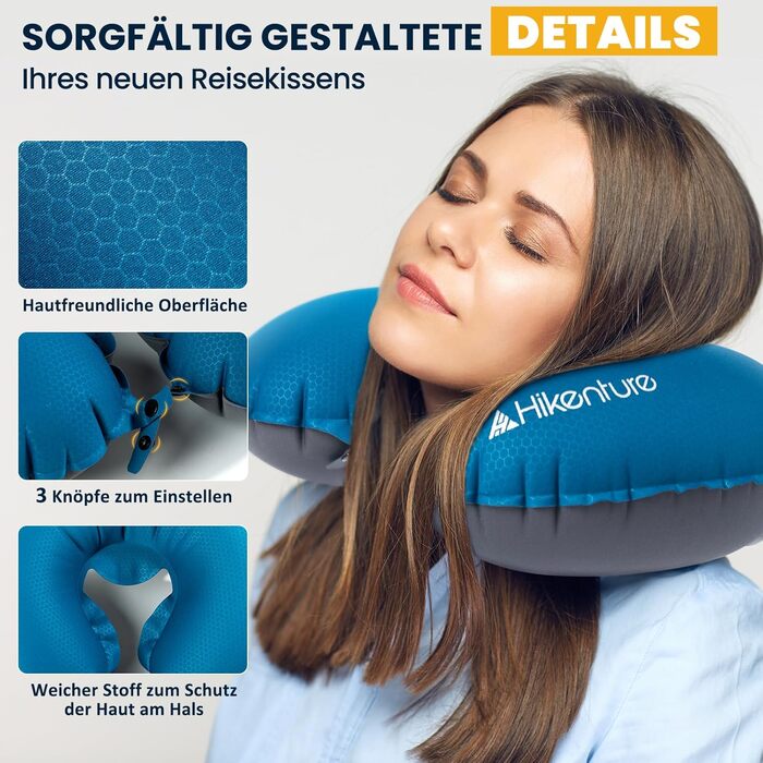 Надувна подушка для шиї HIKENTURE для подорожей літаком, потягом - сірий, темно-синій