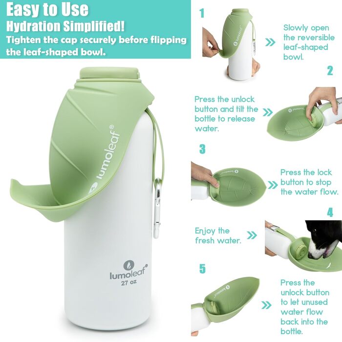 Термофляга для собак LumoLeaf з нержавіючої сталі, 800 мл, зелена - зберігає воду холодною/теплою, довговічна, портативна