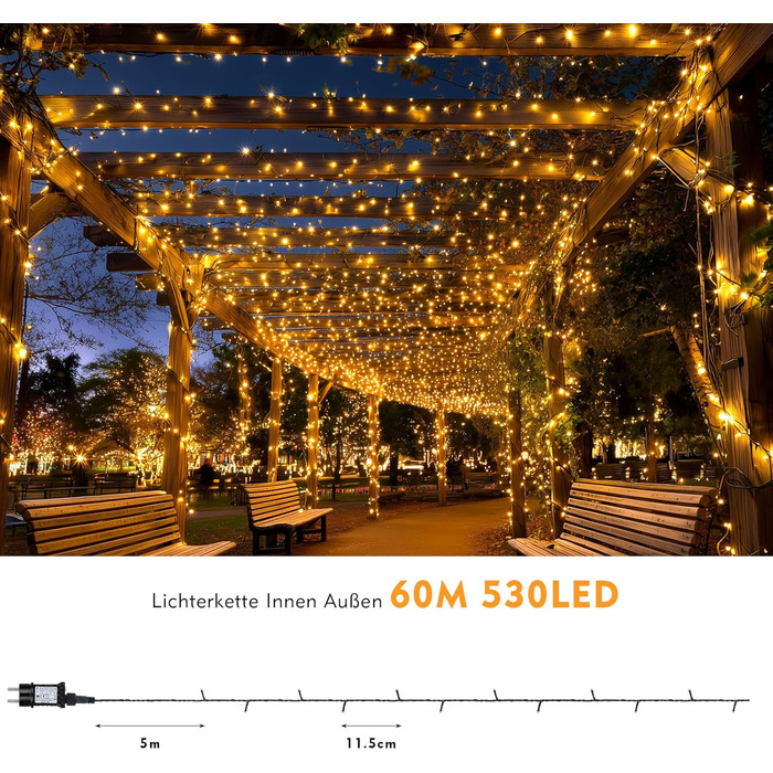 Ланцюжок прикрас для зовнішнього використання 60м, 530 LED, тепле біле світло. Ланцюжок для зовнішнього використання з таймером, 8 режимів, IP44, вологостійкий. Підходить для прикраси ялинки, саду, балкону, вечірки, весілля.