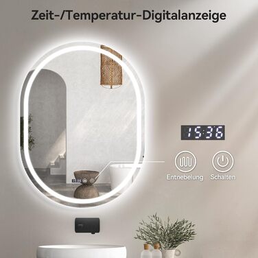 Дзеркало для ванної кімнати YOURLITE з підсвічуванням, 60 см, LED, сенсорне керування, 3 кольори світла, регулювання яскравості, антизапар, пам'ять, годинник, овальне, білий