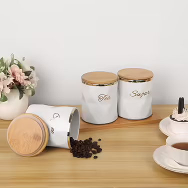BTSKY White Ceramic Canisters for Sugar, Coffee, Tea, with Lid and Tray, Airtight, Set of 3 Storage Containers, Food Storage Containers, Pots, Jars with Bamboo Lids for Kitchen Counter