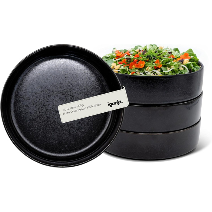 Igunga Stoneware Dinnerware Set - 12 Piece Service for 4 | Reactive Glaze, Matte Black & Glossy Interior Bowls | Premium Handcrafted Tableware