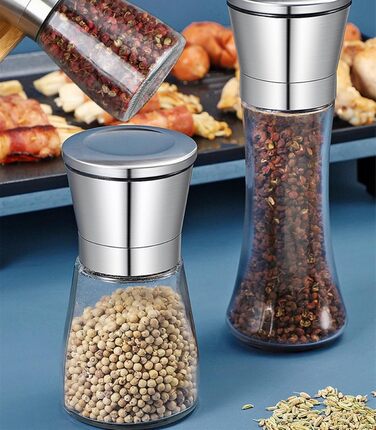 Набір з 2 мельниць для солі та перцю - сталеві та скляні з регульованим керамічним жорном, з можливістю поповнення, для солі та перцю