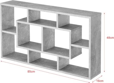 Настінна полиця en.casa Saputit 85x16x48 см, 8 секцій, книжкова полиця, підвісна, для офісу, у стилі ретро, сірий бетон