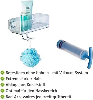 WENKO Vacuum-Loc Bathroom Wall Shelf Quadro with Hooks, 2 Tiers, with Removable Bowl, Mounting without Drilling, Stainless Steel/Plastic, 25.5 x 15 x 14 cm