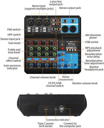Міні аудіо DJ-мікшер 5-канальний з Bluetooth, USB, MP3, 48V фантомним живленням, стерео, для професійного студійного та сценічного використання, вечірок, KTV
