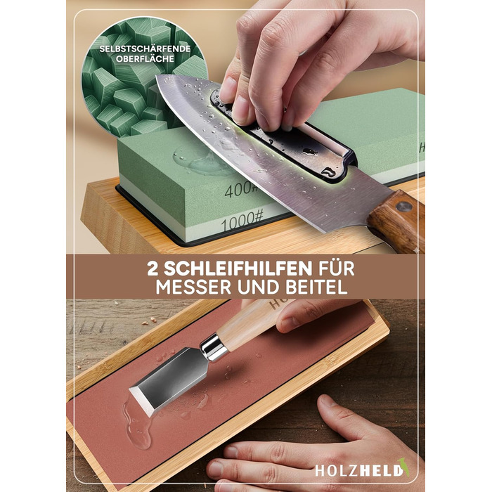 Набір для заточування ножів та інструментів Schleifstein: 400/1000/3000/8000 гріт, шкіра, кутник для заточування