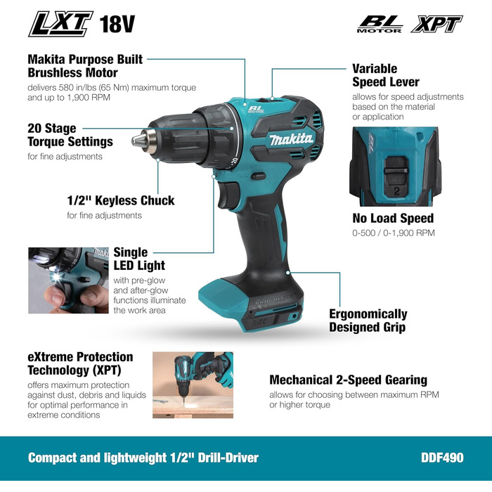 Акумуляторний дриль-шуруповерт Makita DDF490Z 18V Li-Ion LXT безщітковий, без акумулятора та зарядного пристрою