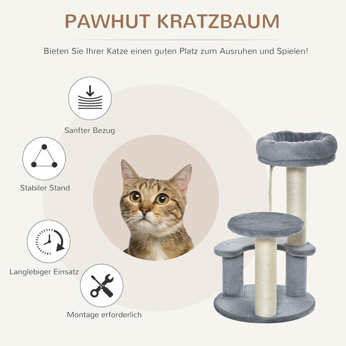 PawHut Cat Tree Climbing Tree with Hammock, 3-Tier Play Tree with Cat Bed Cat Scratching Post with Sitting Platform, Sisal Columns, Grey Ø40 x H65 cm