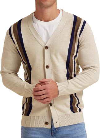 Чоловіча в'язана кофта NITAGUT з вінтажним смугастим дизайном, довгі рукави, V-подібний виріз, ґудзики (L, Смугаста, Бежево-коричнева)