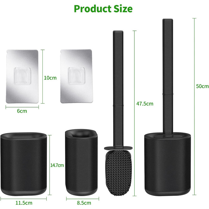 HOMEASY Silicone Toilet Brush Black - Stainless Steel Toilet Brush with Stainless Steel Holder, Flexible Silicone WC Brush Set, Toilet Brush with Holder, Wall Mount (No Drilling) & Stand for Bathroom
