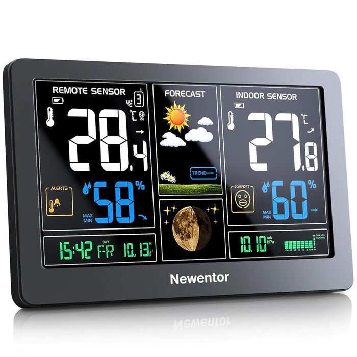 Newentor Weather Station Radio with 2 Outdoor Sensors - Radio Weather Station with Weather Forecast, Temperature Warning, DCF Radio Clock - Battery Powered and Mains Powered, White 1*Station + 2*Outdoor Sensor White