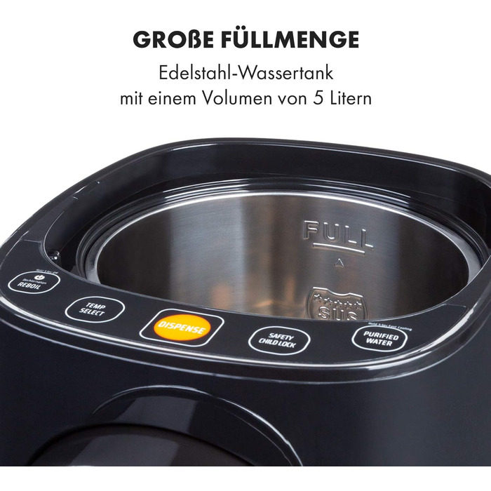 Klarstein Hot Spring Plus Hot Water Dispenser, Water Tank: 5 Liters, Large LCD Display, Temperatures: 45-95 °C, Stainless Steel Water Tank, Dry-Run & Overheating Protection, Child Lock, black