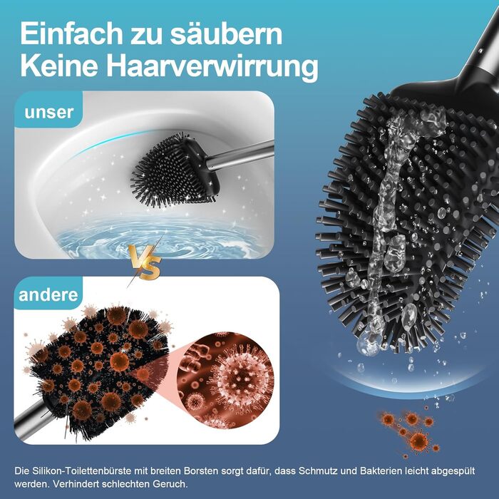 Щітка для унітазу Waretary з силіконовою щетиною та тримачем з нержавіючої сталі, гнучкий наконечник для глибокого очищення, швидковисихаюча, для кріплення на стіні або встановлення на підлогу, чорний