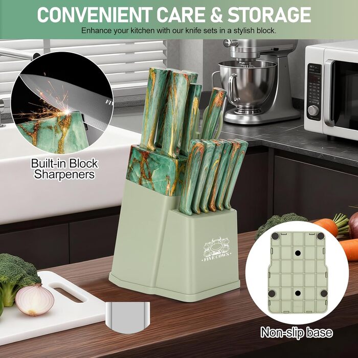Набір кухонних ножів Messerblock з 16 частинами: ножі, обробна дошка, захист пальців, точилка та кухорізаки. Професійний набір для дому (зелений)