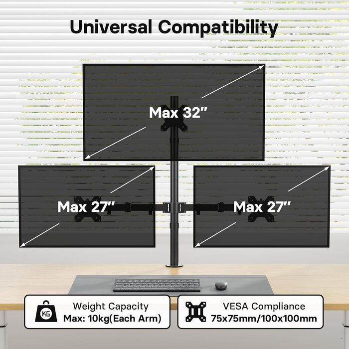 Тримач для моніторів Bontec на 3 монітори, регульована висота, 360° оберт, для моніторів 27-32 дюймів, 30 кг на кріплення, 2 способи встановлення, для офісу та геймінгу, VESA 75x75mm/100x100mm
