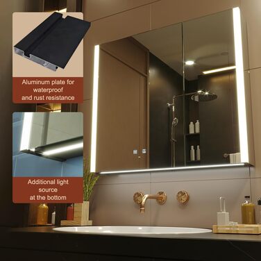 LED-дзеркало для ванної кімнати KWW з підсвічуванням, шафка-пенал, регулювання температури світла, антитуманне покриття, USB-роз'єми (2 дверцята, 80x70 см)