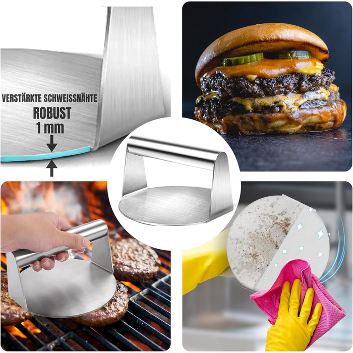 Набір для приготування Smash Burger – 9 предметів: прес для бургерів, сплескач, 2 термокапелюхи, лопатка та шампури – подарунок для чоловіків та любителів гриля (колір: коричневий)