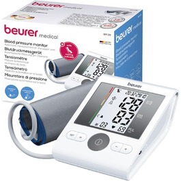 Тонометр Beurer BM28 на плече з індикатором тиші, позиціонуванням манжети та кольоровою індикацією ризику; підходить для вагітних