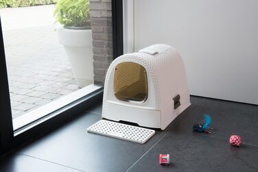 Котячий туалет Curver Petlife з кришкою, лоток для котів з совочком, сучасний дизайн плетіння ротангу, 51,5 x 38,5 x 40 см (слонова кістка)