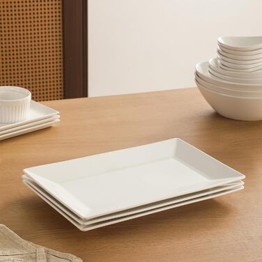 DOWAN Rectangular Serving Platter, Porcelain 35.6 x 20.3 cm, Rectangular Porcelain Plates, Dinner Plates for Meat, Fish, Sushi, Dish, etc. Natural White, 3 Pieces