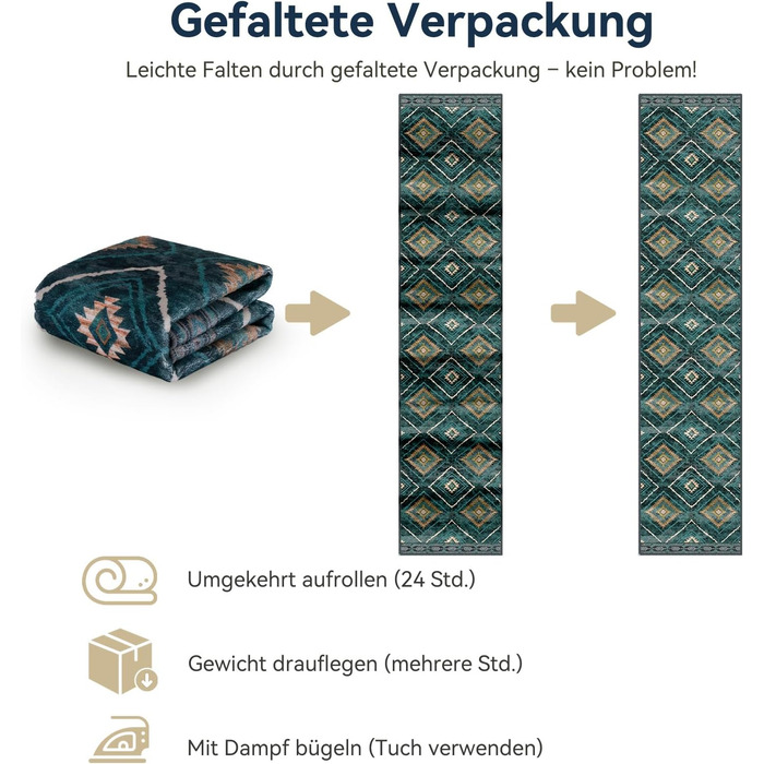 Килимок-довгий (60x300 см) для прихожого, кухні, вітальні та офісу. Нековзкий, з коротким ворсом, миючий, складаний, у стилі бохо, чорно-білий, petrolgrün