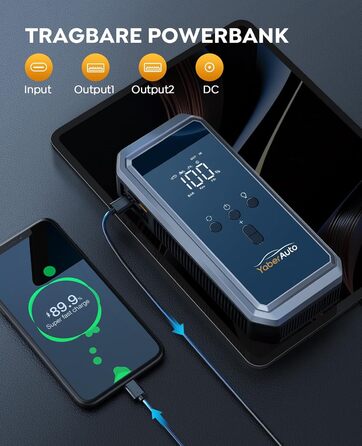 Портативний пусковий пристрій YaberAuto YA70 з компресором 150 PSI, акумулятором 21800 mAh та світлодіодним ліхтарем 300 люменів. 4-в-1: пусковий пристрій, павербанк, компресор та ліхтар з LCD екраном.