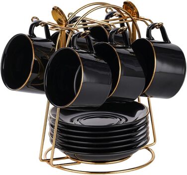 Набір чашок капучино з блюдцями (6 шт., 150 мл) з золотим декором, порцелянові чашки з ручкою, британський королівський фарфор (білий) з чорним глянцем