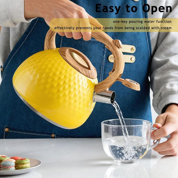 Чайник-свисток з нержавіючої сталі 3L, сумісний з усіма плитами, для чаю та кави, жовтий
