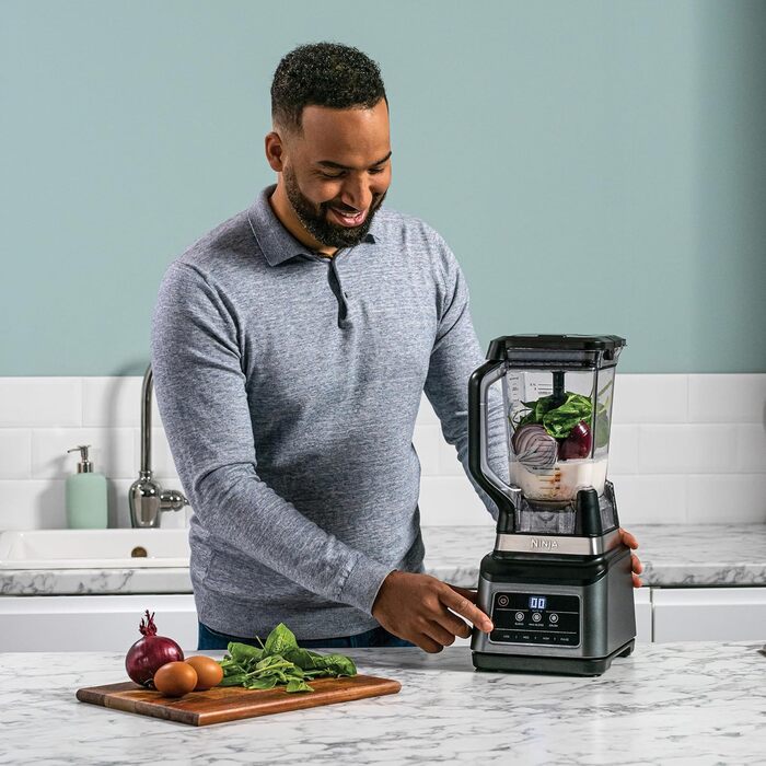Ninja 2-in-1 Mixer with 3 programs; Mix, Max Mix, and Chop & 4 manual settings, 2.1L pitcher & 700ml cup, 1200W, dishwasher safe, Auto-iQ, Black BN750EU 2-in-1 Mixer
