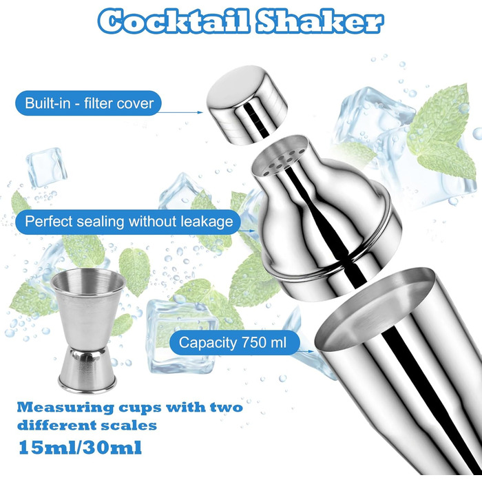 Набір для коктейлів 12 шт. з нержавіючої сталі з барним аксесуаром, 750 мл, повний набір бармена для дому або бару