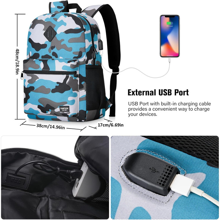 Рюкзак YAMTION 17.3 дюйма (44 см) для чоловіків та жінок, підлітки, чоловічий/жіночий, для школи/університету, з USB-портом, камуфляжний синій