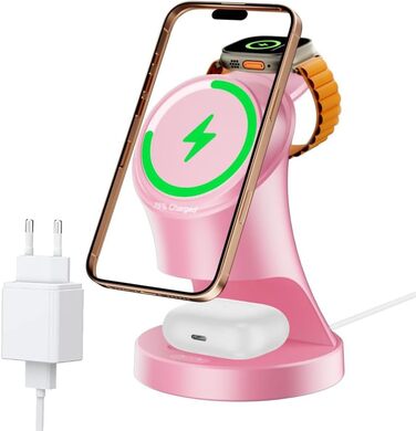 3-в-1 Мережевий Зарядний Пристрій MagSafe, Бездротова Зарядка для iPhone 17/16/15/14/13/12/Plus/Pro Max/Mini, Apple Watch 9/8/7/6/SE/5/4/3/2, AirPods Pro/2/3 (Рожевий)