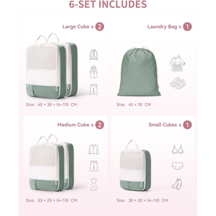 Набір органайзерів для валізи Narwey (6 шт.) - кубики для пакування з компресією, бежевий. Організація подорожей та зручне пакування речей.