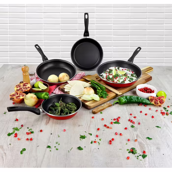 MAGEFESA Grana Frying Pan Set, 3-piece, 18/20/24 cm, enameled steel, red exterior, two-layer non-stick coating, suitable for all cooktops, especially induction, 50% energy saving.