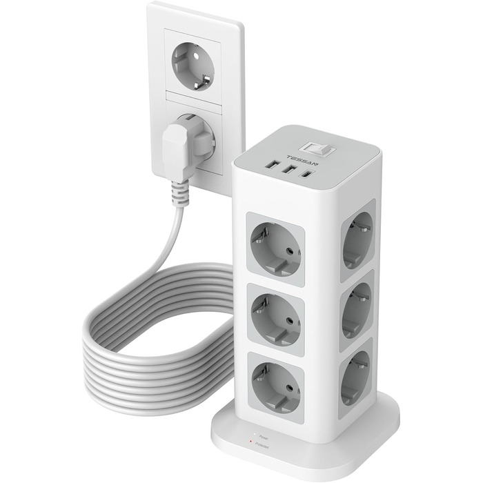 Блок живлення TESSAN з захистом від перенапруги, 3600W, 16A, 12 розеток, 2 USB-A, 1 USB-C, 2м кабель, сірий