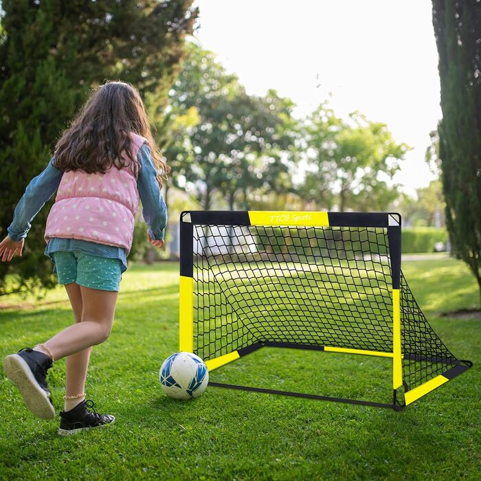 TTCB Sports 2-in-1 Kids Soccer Goal - Outdoor Football Goal with 5 Target Zones, Pop Up Soccer Goal Net & Carry Bag, Ideal for Football Training Equipment or Gifts for Boys (Yellow, 90x90x120cm)