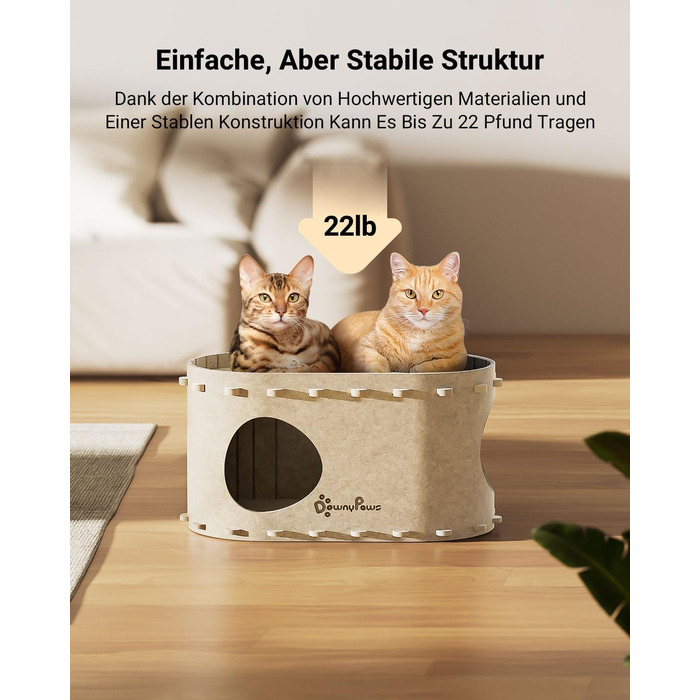 Felt Cat Cave, Felt Cat House, Cat Bed, Cat Cave for Cats, 58 x 33 x 30cm, Peek-a-Boo for Play, Winter-Proof, Nail Protection, Beige