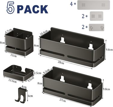 Набір полиць для ванної кімнати (5 шт.) з мильничкою та тримачем для зубних щіток, без свердління, сірий